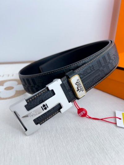 1:1  Hermes  Black Leather Belt  with Silver "H" buckle Steel Buckle 3.8cm
